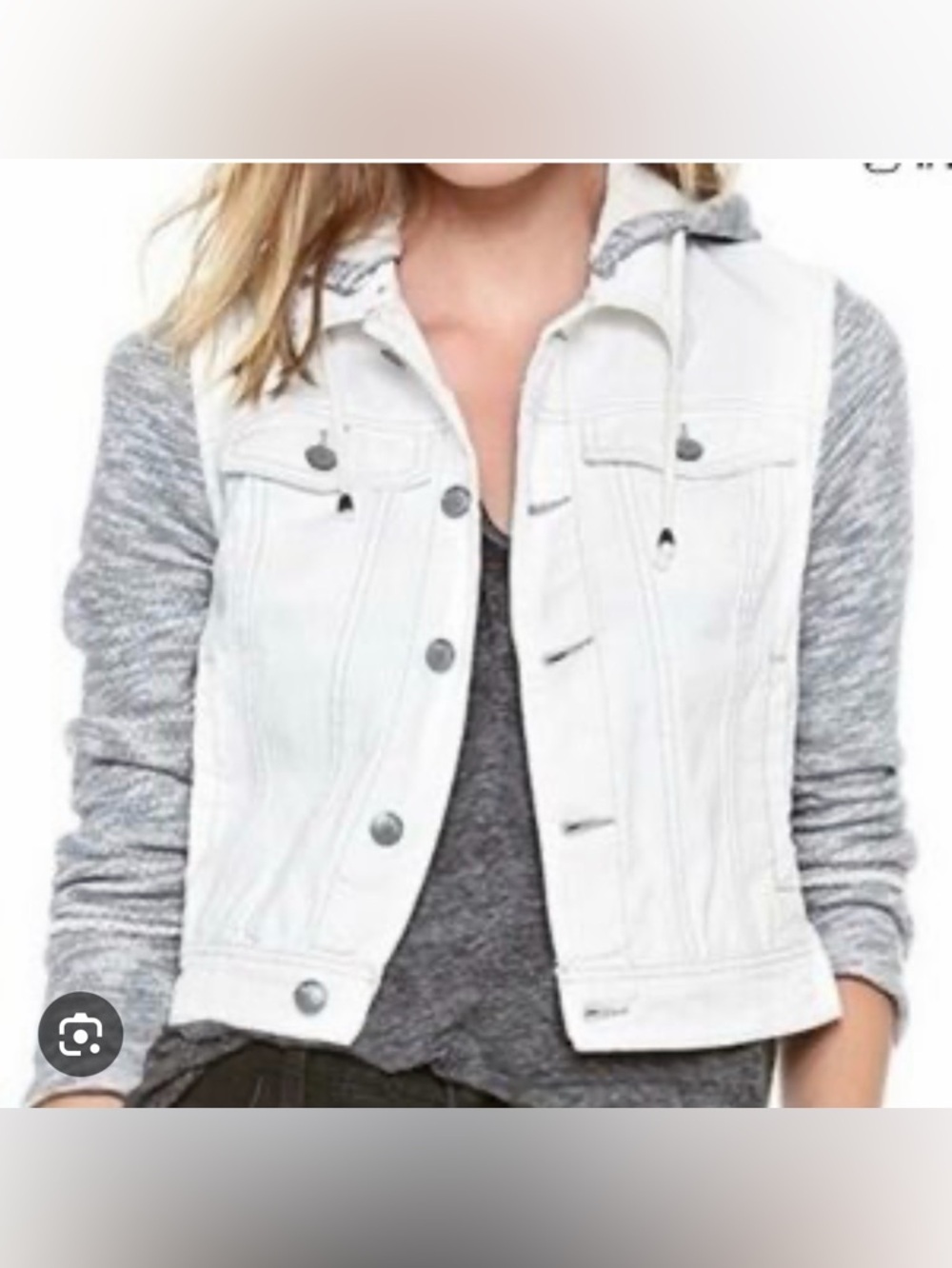 Free People distressed white denim grey knit hooded jacket L